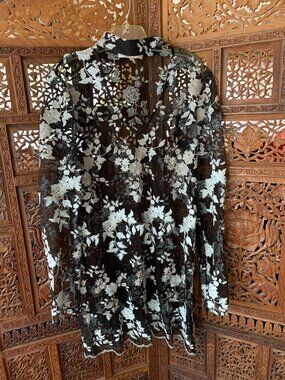 WAYF black sheer blouse w/white embroidery Small